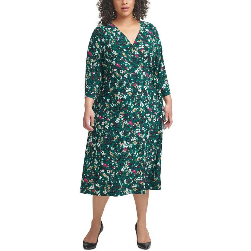 Tommy Hilfiger Womens Green Floral Print Midi Wrap Dress Plus NWOT
